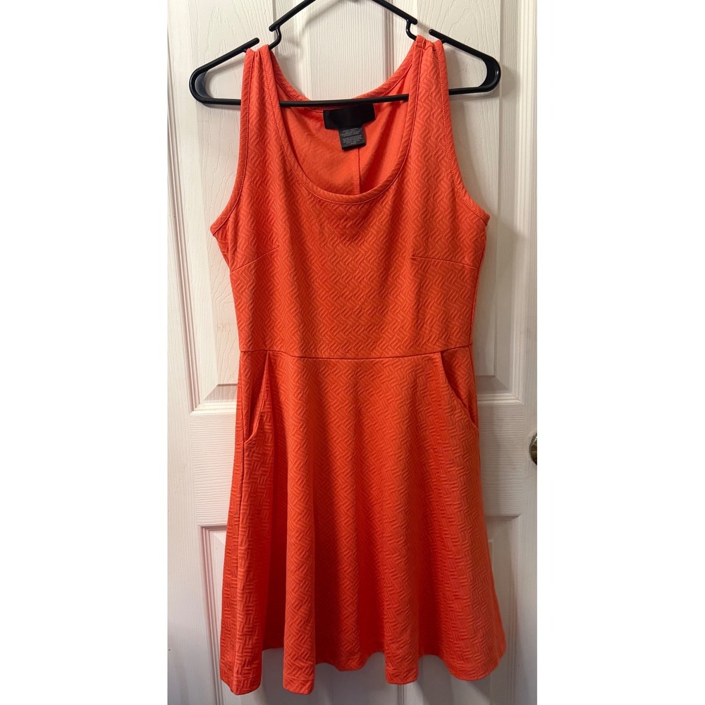 Hot Coral Textured Geometric Jacquard Sleeveless Fit and Flare Dress with Pocket
